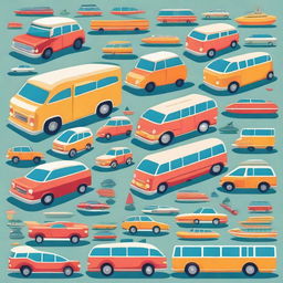 A detailed and vibrant illustration of various modes of transport, including cars, bicycles, buses, trains, airplanes, and boats