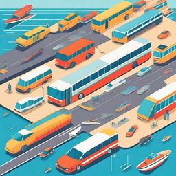 A detailed and vibrant illustration of various modes of transport, including cars, bicycles, buses, trains, airplanes, and boats