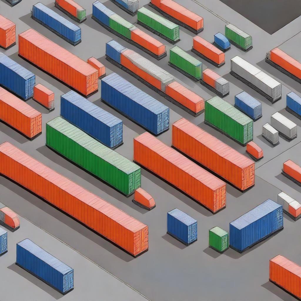 Create an image that represents logistics, featuring elements such as cargo containers, trucks, and warehouses