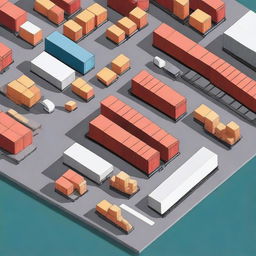 Create an image that represents logistics, featuring elements such as cargo containers, trucks, and warehouses