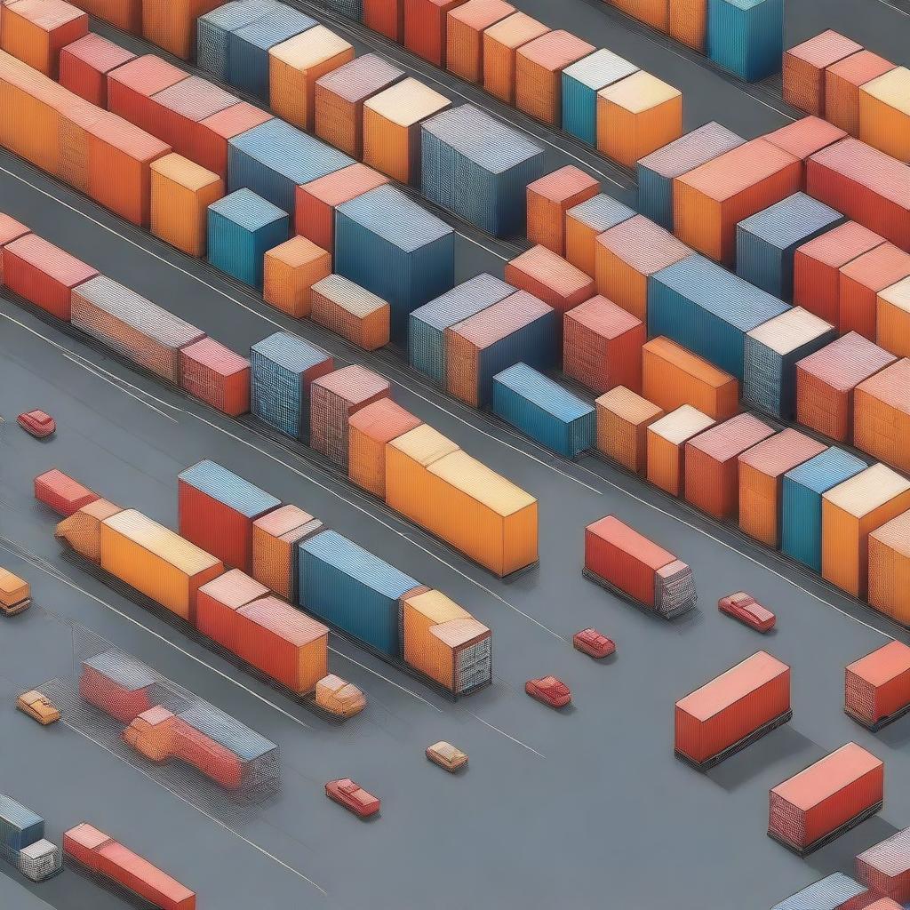 Create an image that represents logistics, featuring elements such as cargo containers, trucks, and warehouses