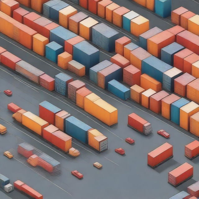 Create an image that represents logistics, featuring elements such as cargo containers, trucks, and warehouses