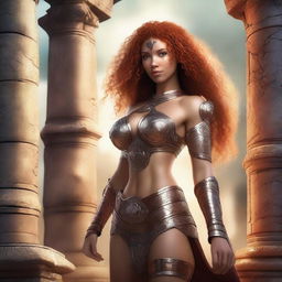 A petite, freckled, curly red-haired priestess wearing bikini armor