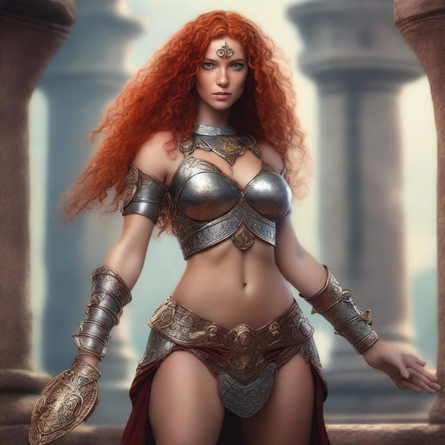 A petite, freckled, curly red-haired priestess wearing bikini armor