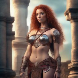 A petite, freckled, curly red-haired priestess wearing bikini armor