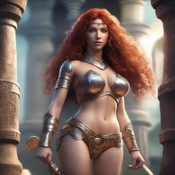 A petite, freckled, curly red-haired priestess wearing bikini armor