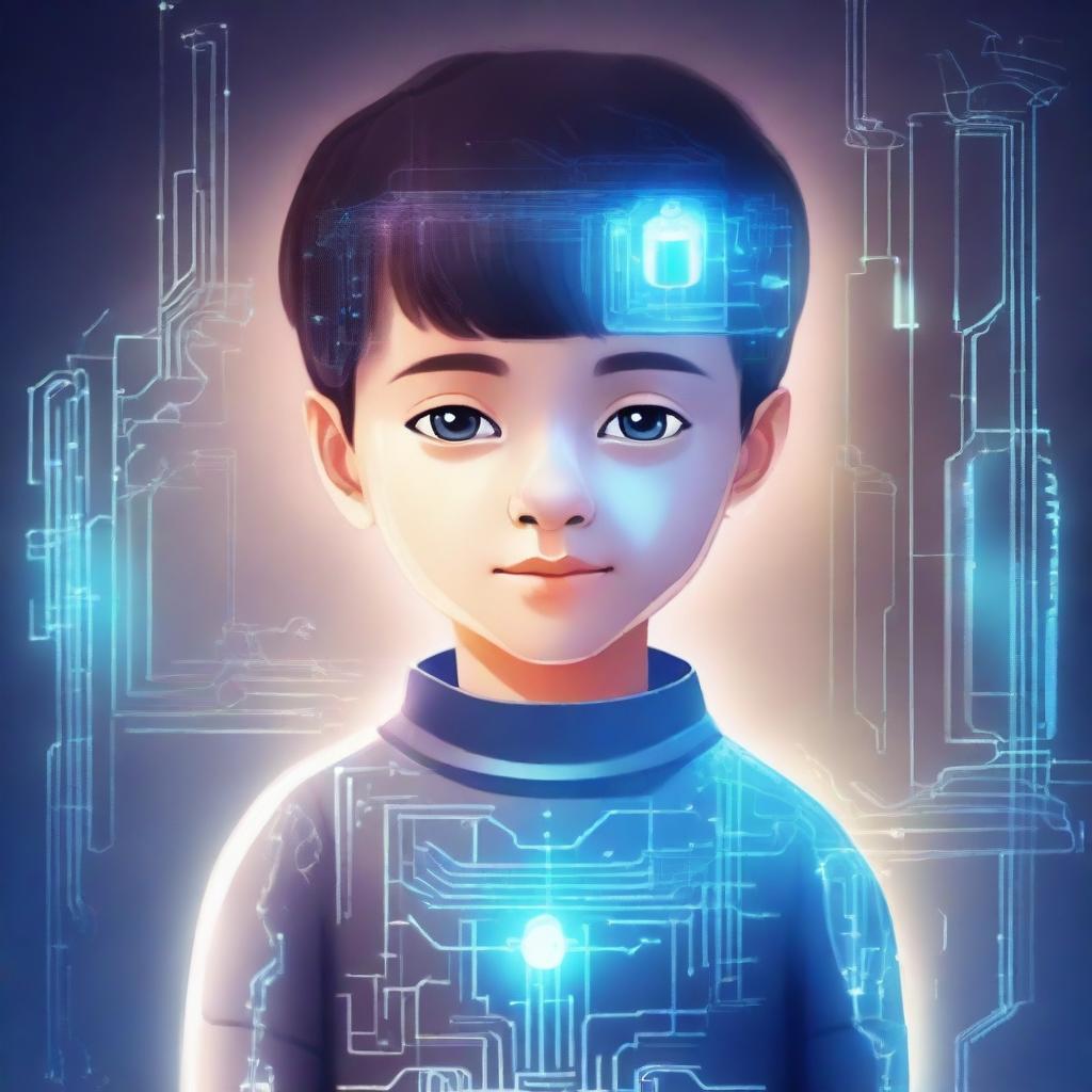 Create an illustration of a friendly and intelligent AI in the form of a young boy