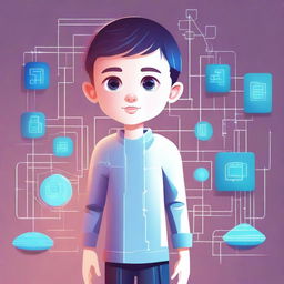 Create an illustration of a friendly and intelligent AI in the form of a young boy