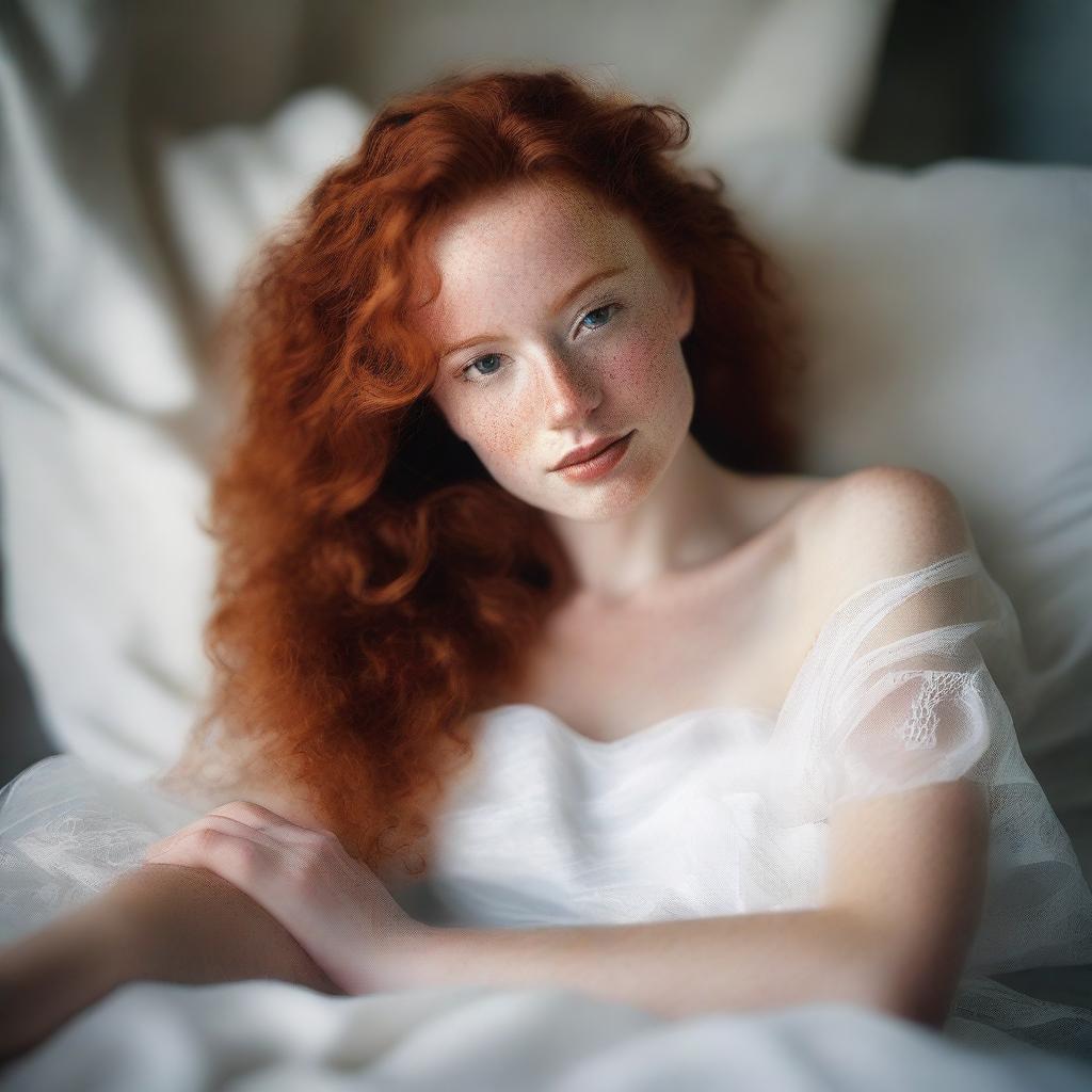 A freckled, curly red-haired woman reclining gracefully in a white translucent gown