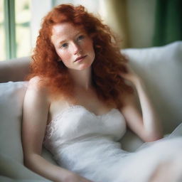 A freckled, curly red-haired woman reclining gracefully in a white translucent gown