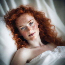 A freckled, curly red-haired woman reclining gracefully in a white translucent gown