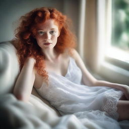 A freckled, curly red-haired woman reclining gracefully in a white translucent gown