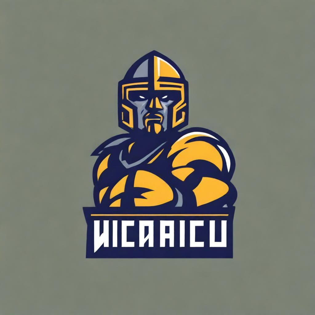 A detailed logo for a college football team featuring a warrior holding a football