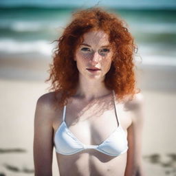 A freckled curly redhead woman with small breasts, pouting while wearing a tiny white bikini