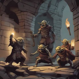 A detailed illustration of goblins in a dungeons and dragons setting