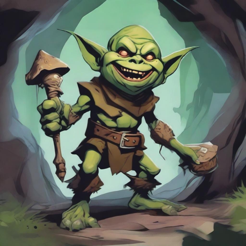 A detailed illustration of a grinning goblin from Dungeons and Dragons