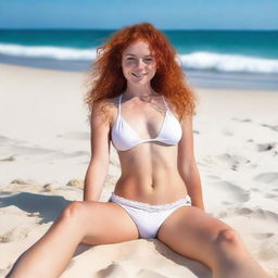 A petite woman with small breasts, freckles, and curly red hair is reclining in a skimpy white bikini