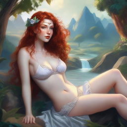 A petite, small-breasted, freckled, curly redhead fantasy priestess in a white bikini, reclining in a full body pose