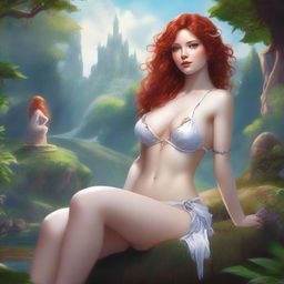 A petite, small-breasted, freckled, curly redhead fantasy priestess in a white bikini, reclining in a full body pose