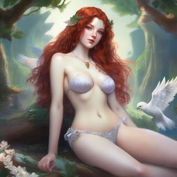 A petite, small-breasted, freckled, curly redhead fantasy priestess in a white bikini, reclining in a full body pose