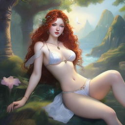 A petite, small-breasted, freckled, curly redhead fantasy priestess in a white bikini, reclining in a full body pose