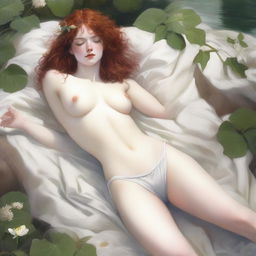 A petite, small-breasted, freckled, curly redhead priestess is laying down in a white bikini