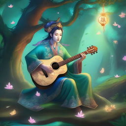 A Yuan-ti bard playing a guitar in a mystical forest