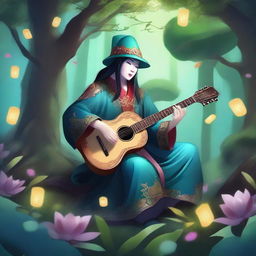 A Yuan-ti bard playing a guitar in a mystical forest