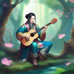 A Yuan-ti bard playing a guitar in a mystical forest