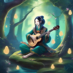 A Yuan-ti bard playing a guitar in a mystical forest