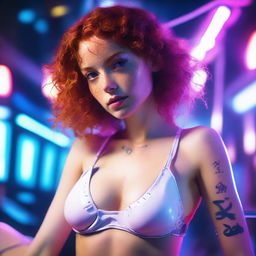 A petite, small-breasted, freckled, curly redhead woman in a cyberpunk setting