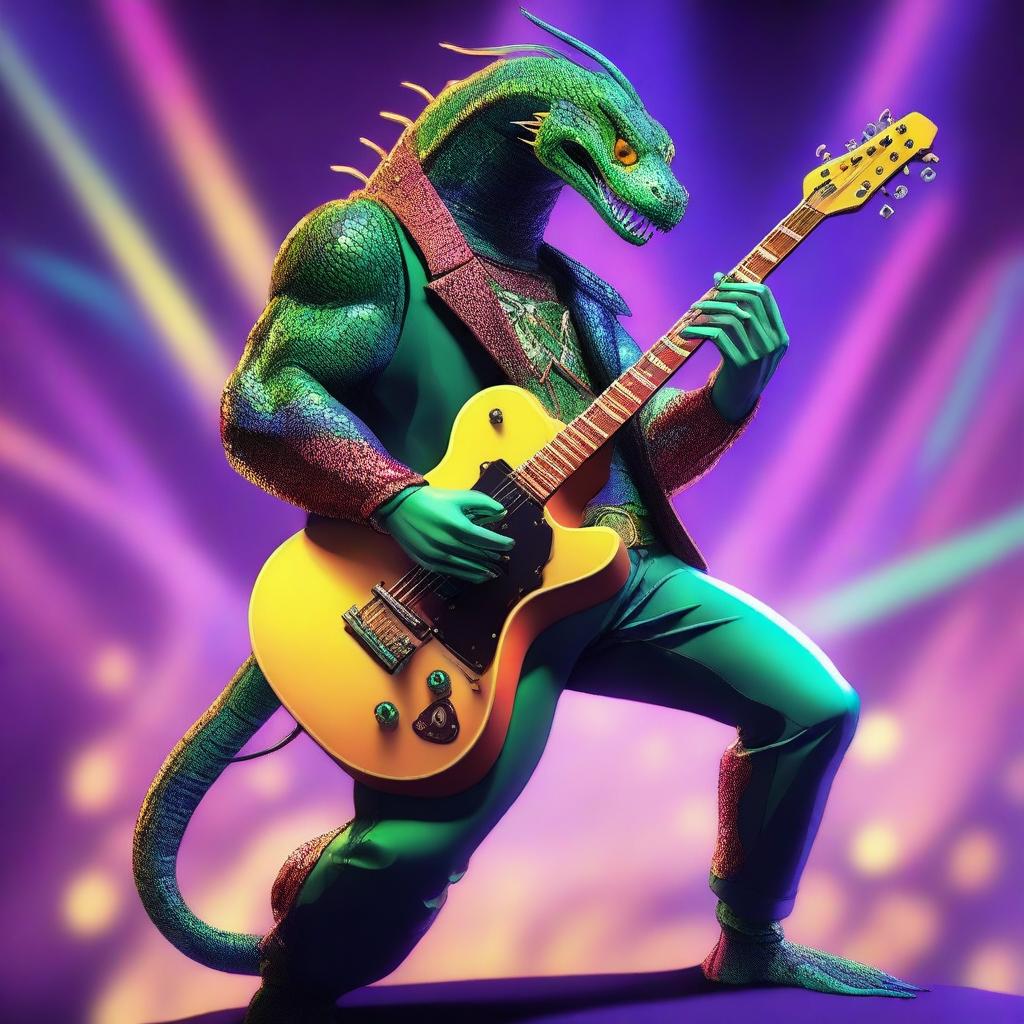 A human-serpent hybrid bard playing an electric guitar