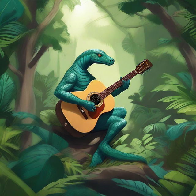 A human-serpent hybrid playing a guitar in a lush jungle setting