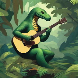 A human-serpent hybrid playing a guitar in a lush jungle setting