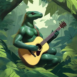 A human-serpent hybrid playing a guitar in a lush jungle setting