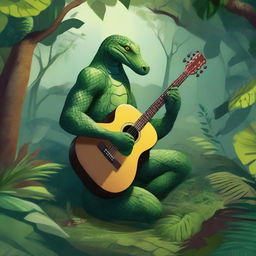 A human-serpent hybrid playing a guitar in a lush jungle setting