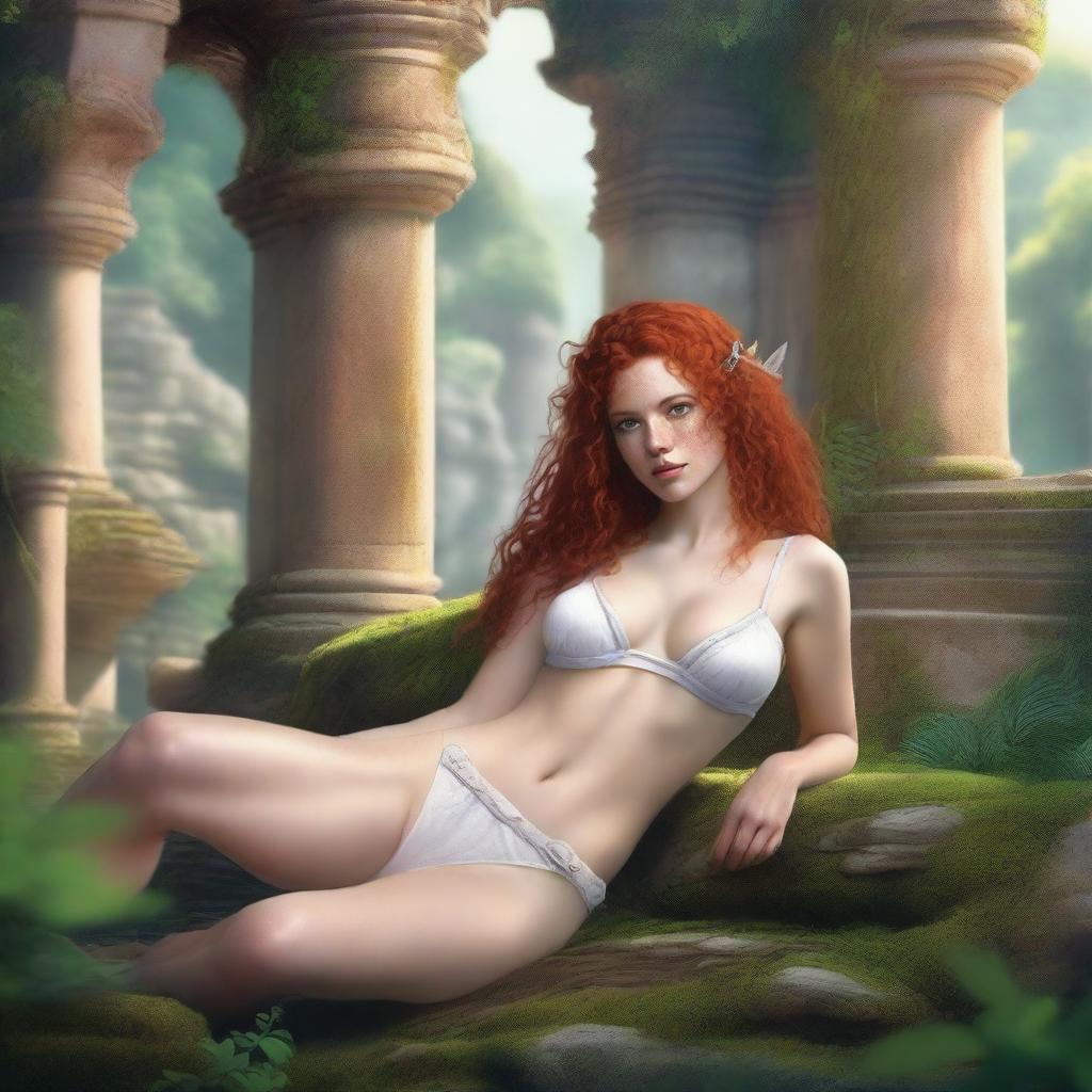 A petite, small-breasted, freckled, curly redhead fantasy warrior wearing a white bikini, laying down in a relaxed pose