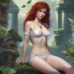 A petite, small-breasted, freckled, curly redhead fantasy warrior wearing a white bikini, laying down in a relaxed pose