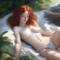 A petite, small-breasted, freckled, curly redhead fantasy goddess is depicted in a white bikini, laying down and sleeping