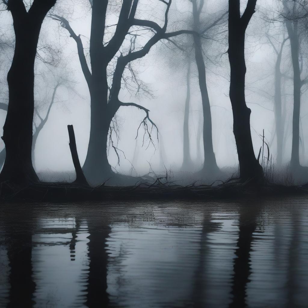 A dark and eerie swamp with twisted trees, dense fog, and murky waters