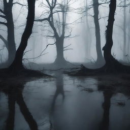 A dark and eerie swamp with twisted trees, dense fog, and murky waters