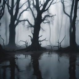 A dark and eerie swamp with twisted trees, dense fog, and murky waters