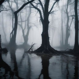 A dark and eerie swamp with twisted trees, dense fog, and murky waters