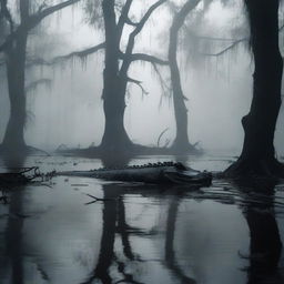 A dark and eerie swamp with twisted trees, dense fog, and murky waters