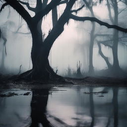 A dark and eerie swamp with twisted trees, dense fog, and murky waters