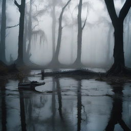 A dark and eerie swamp with twisted trees, dense fog, and murky waters