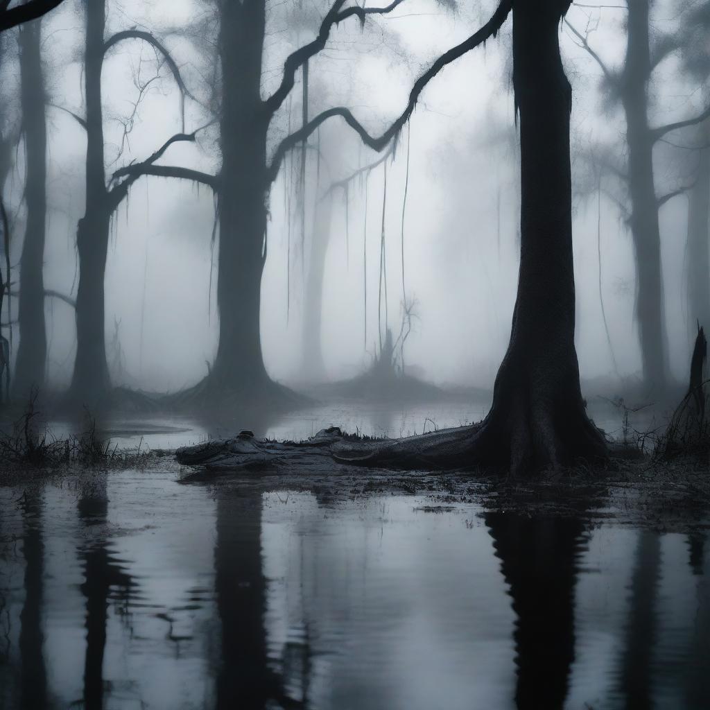 A dark and eerie swamp with twisted trees, dense fog, and murky waters