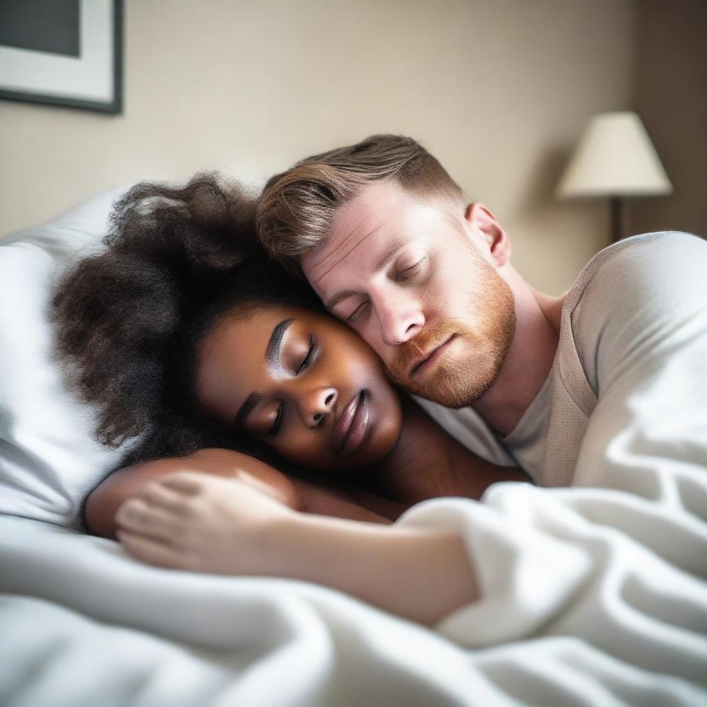 A black girl and a white man lying in bed together, with a gentle and intimate atmosphere