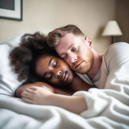 A black girl and a white man lying in bed together, with a gentle and intimate atmosphere