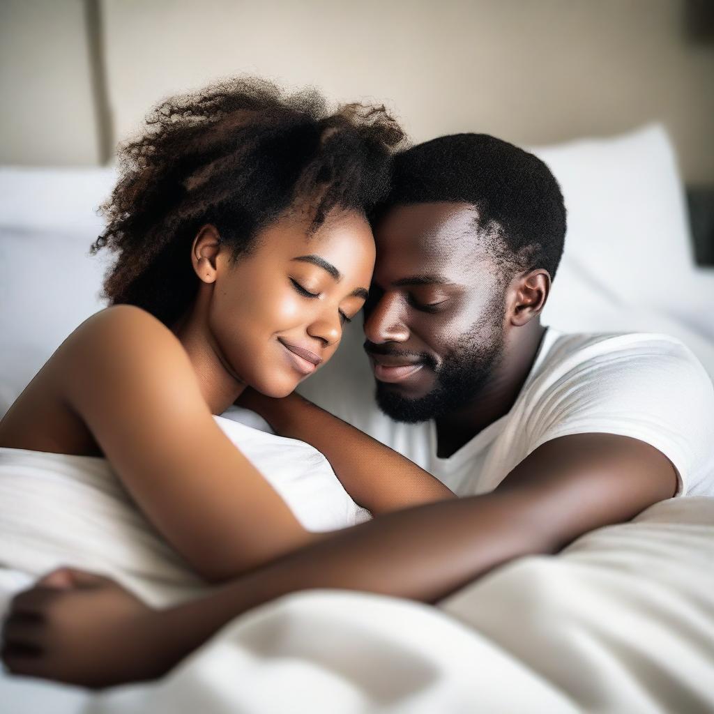 A black girl and a white man lying in bed together, with a gentle and intimate atmosphere